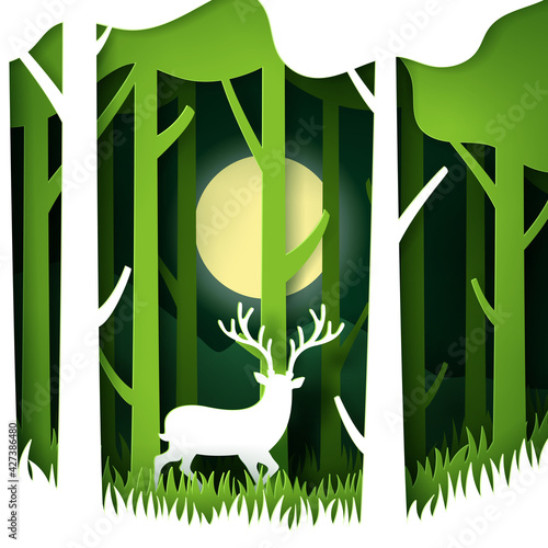 Vector and digital craft style of green eco forest with Deer.