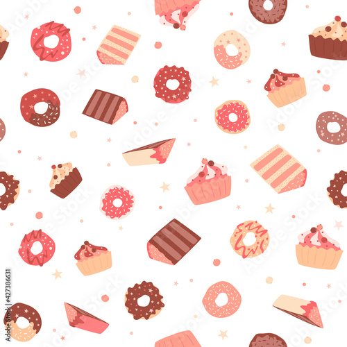 Seamless pattern with donuts, cupcakes and cake slices in pink pastel colors. For birthday cards, sweet shop package, textile, fabric prints. Vector illustration. Sweet cartoon food isolated on white