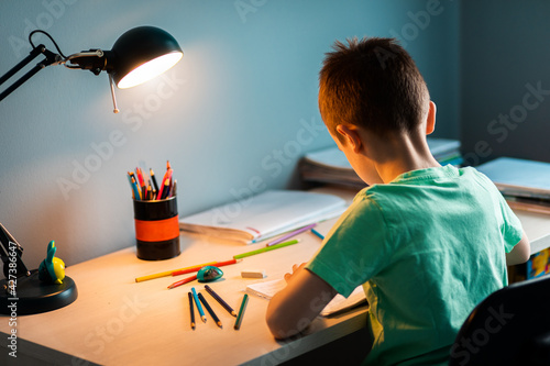 Boy sitting at the desk doing homework at home.
