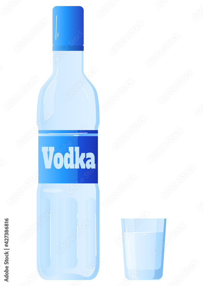 Vodka bottle, glass alcohol, transparent drink, isolated on white, bar quencher, design, flat style vector illustration. Vodka bottle, glass alcohol, transparent drink, isolated on white, bar quencher, design, flat style vector illustration.