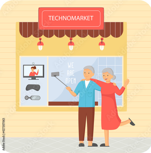 Elderly man and woman take selfie on smartphone on monopod against background of techno market