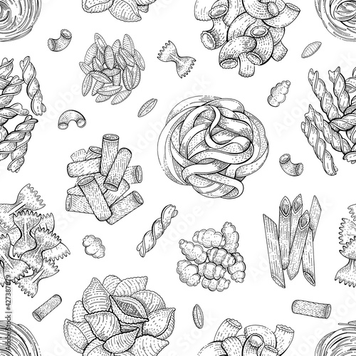 Pasta Pattern. Italian vector food seamless background. Macaroni sketch doodle illustration. Vintage drawing from Italy. Outline pasta icon art. Fettuccine Fusilli Gobetti