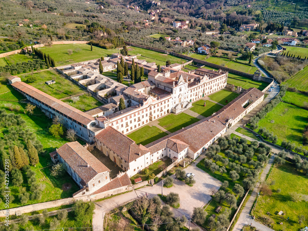 Ancient Medieval Charterhouse of Calci, Pisa- Tuscany. Aerial view from drone