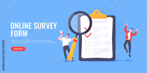 Checklist complete business concept tiny people with megaphone, magnifying glass nearby giant clipboard, task done and check mark ticks flat style design vector illustration isolated white background.