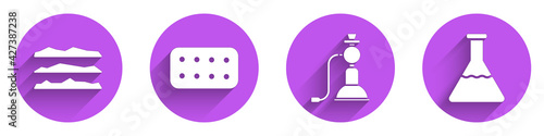 Set Cocaine or heroin drug, Pills in blister pack, Hookah and Test tube and flask icon with long shadow. Vector