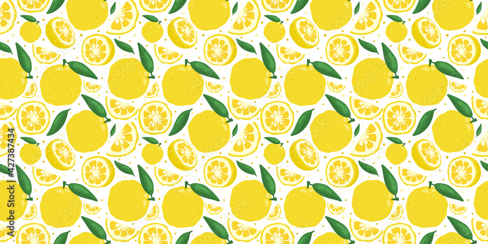 Yuzu japanese citron fruit seamless pattern vector illustration isolated on white background. Full, half and sliced citrus yuzu fresh fruit seamless texture.