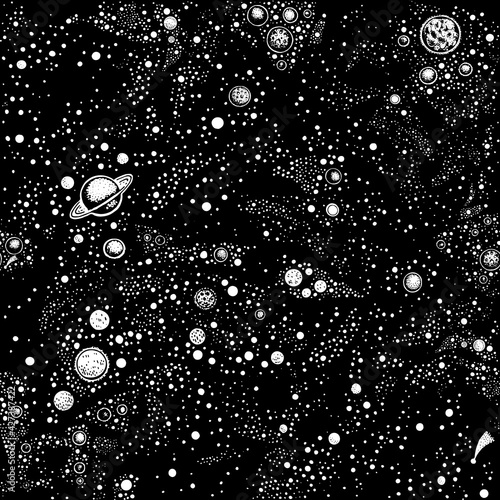 Universe sky star night pattern. Galaxy space background. Starry vector. Dark abstract cosmos seamless illustration. Black texture with moon, nebula, zodiac constellation. Sketch universe pattern