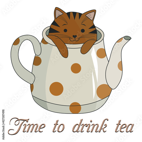 cute cat in a teapot with polka dots, tea break, adorable kitten drawing clip art, flat vector, scrapbooking idea, printable, greeting card