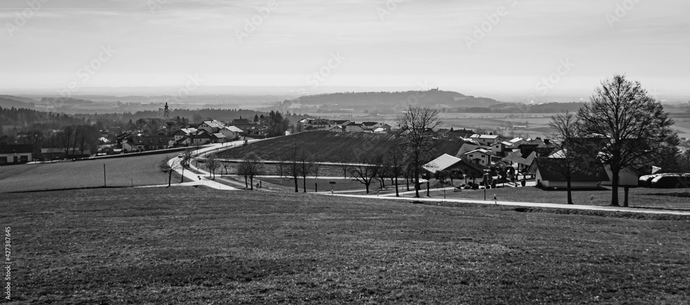Fototapeta premium Beautiful black and white winter landscape near Windberg, Bavarian forest, Bavaria, Germany with the famous Bogenberg in the background