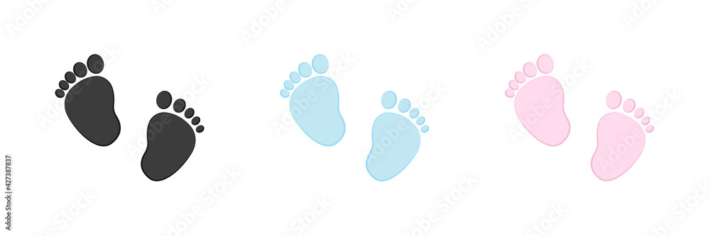 Set of vector illustrations of baby steps - pairs of black, pink and blue footprints in a flat styl