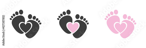 Baby foot barefoot heart icon. Set.