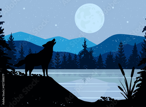 the wolf on the hill howls at the full moon. mountain landscape with water. Vector graphics. format eps. blue landscape