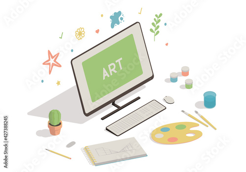 Isometric workspace with computer  palette  brush  sketchbook on white background. Drawing online education concept