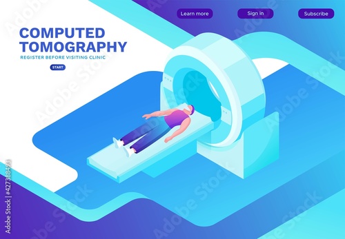 Computed tomography or CT of Covid-19 or Coronavirus patient in medical face mask, isometric vector illustration, pneumonia, people in medical clinic, MRI scan, landing page