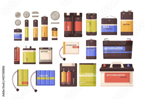 Set of metal batteries, accumulators, button cells, power bank of different sizes. Nickel and lithium energy sources for electric devices. Colored flat vector illustration isolated on white background