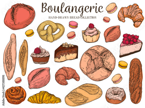 Color hand-drawn sketch style bakery clip arts.Different kinds of bread and pastry sweets on white background. Cakes, tarts, pie slices, donuts, cheesecake, macaroons, buns, and other tasty bakery pro