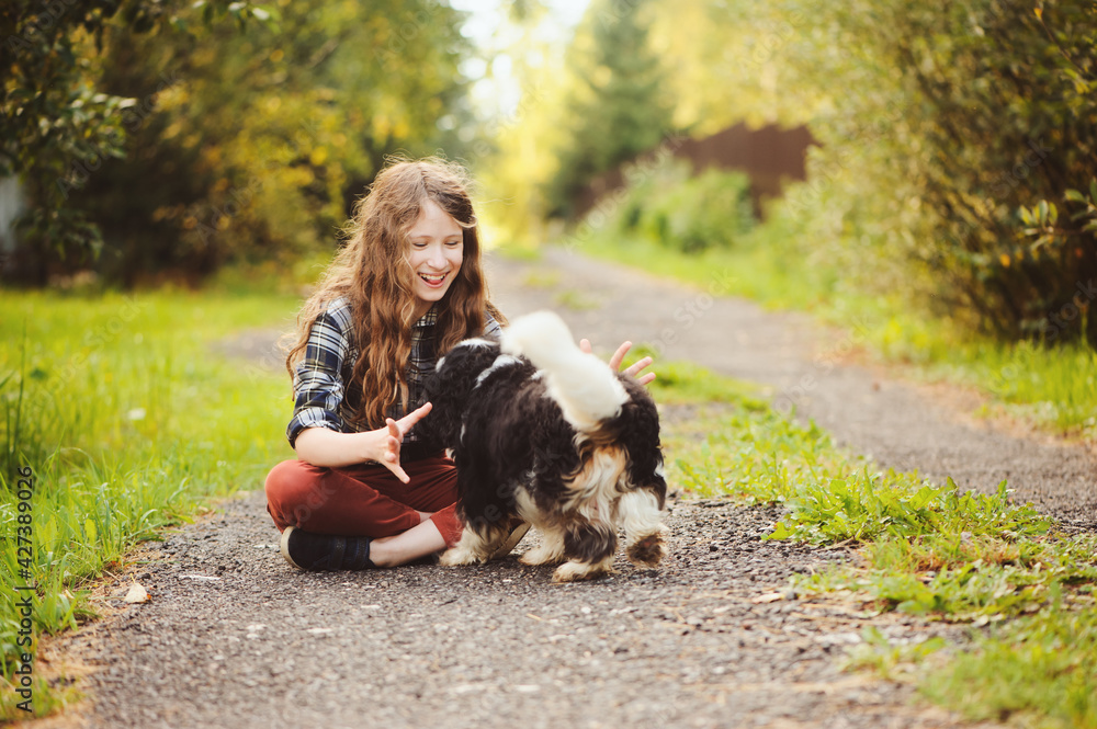 happy kid girl walking with her cavalier king charles spaniel dog on summer country road. Training her puppy and having fun. happy kid girl walking with her cavalier king charles spaniel dog on summer country road. Training her puppy and having fun.