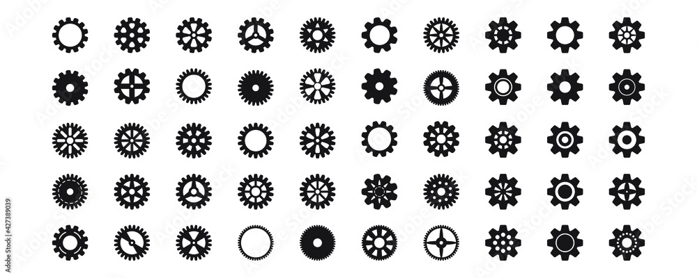 Gear icon set. Vector transmission cog wheels and gears isolated on white background