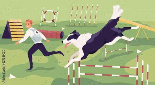 Young canine trainer playing with active agile dog on playground. Scene with pet owner training his doggy, jumping over barriers outdoor. Colored flat vector illustration of man and animal in nature