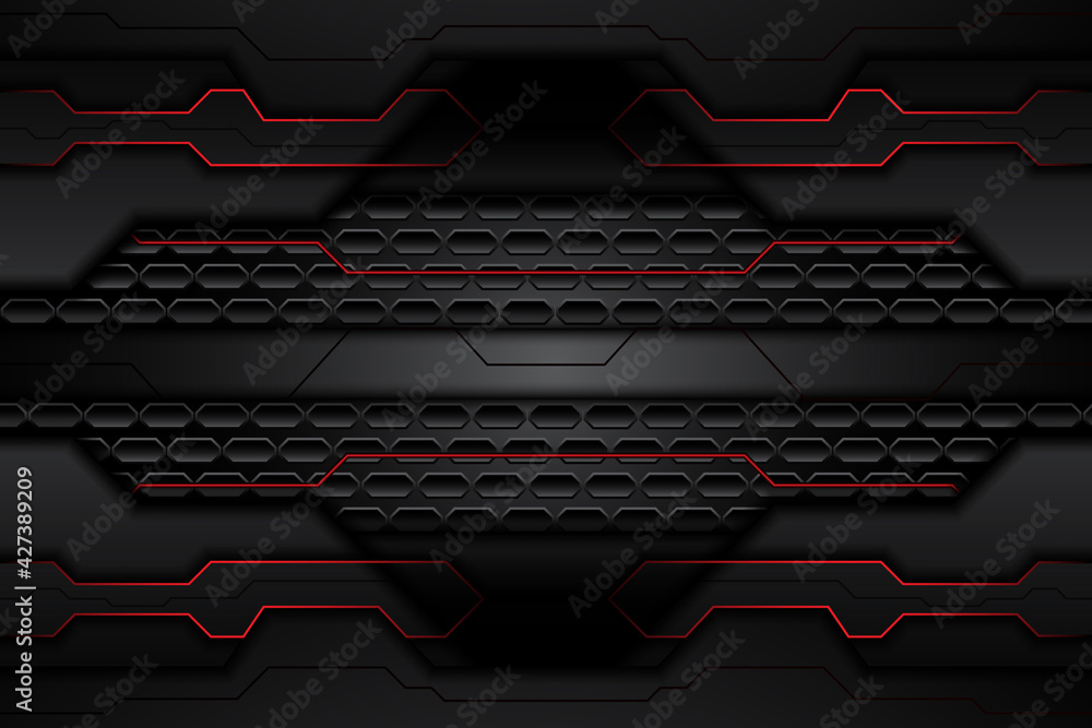 metal plate black and contrast red stripes on steel mesh. template modern technology design background. vector illustration - obrazy, fototapety, plakaty 