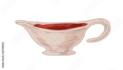 Red tomato or ketchup sauce in ceramic sauceboat with handle. Cranberry or barbecue gravy in boat-shaped pitcher. Colored realistic hand-drawn vector illustration isolated on white background