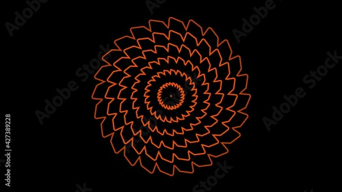 Orange graphic objectr, placed in the center that duplicates and expands in concentric waves, while it rotates clockwise and increases the size, then continues with the generated effect.
