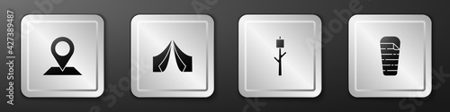 Set Location, Tourist tent, Marshmallow stick and Sleeping bag icon. Silver square button. Vector