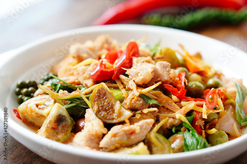Pork belly stir-fried with spicy black pepper seasoned with vegetables, herbs, Thai food