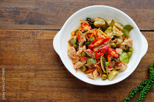 Pork belly stir-fried with spicy black pepper seasoned with vegetables, herbs, Thai food