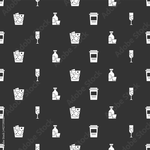 Set Coffee cup to go, Glass champagne, whiskey and Alcohol drink Rum on seamless pattern. Vector