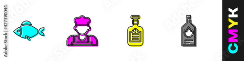 Set Fish, Cook, Sauce bottle and Tabasco sauce icon. Vector