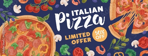 Design of horizontal ad banner for pizzeria with pizzas and ingredients on colored background. Promo template for Italian food restaurants or cafes. Hand-drawn vector illustration of advertisement