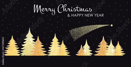 Winter Wald Tannenwald in gold mit schwarzem Hintergrund, Weihnachtskarte mit "Merry Christmas" und Sternschnuppe