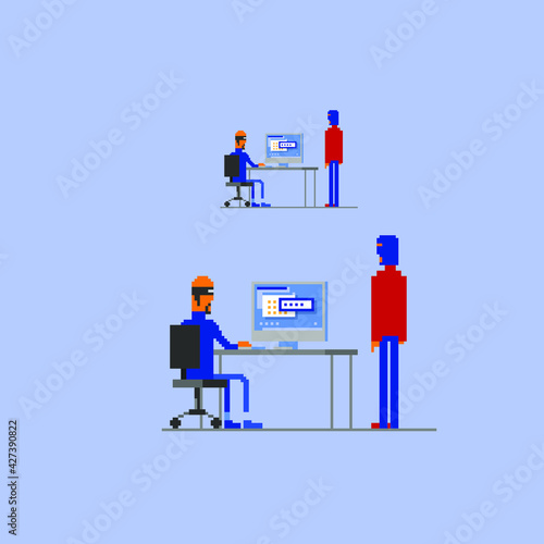 spy hacker team characters, hacker sitting with computer, pixel art vector illustration