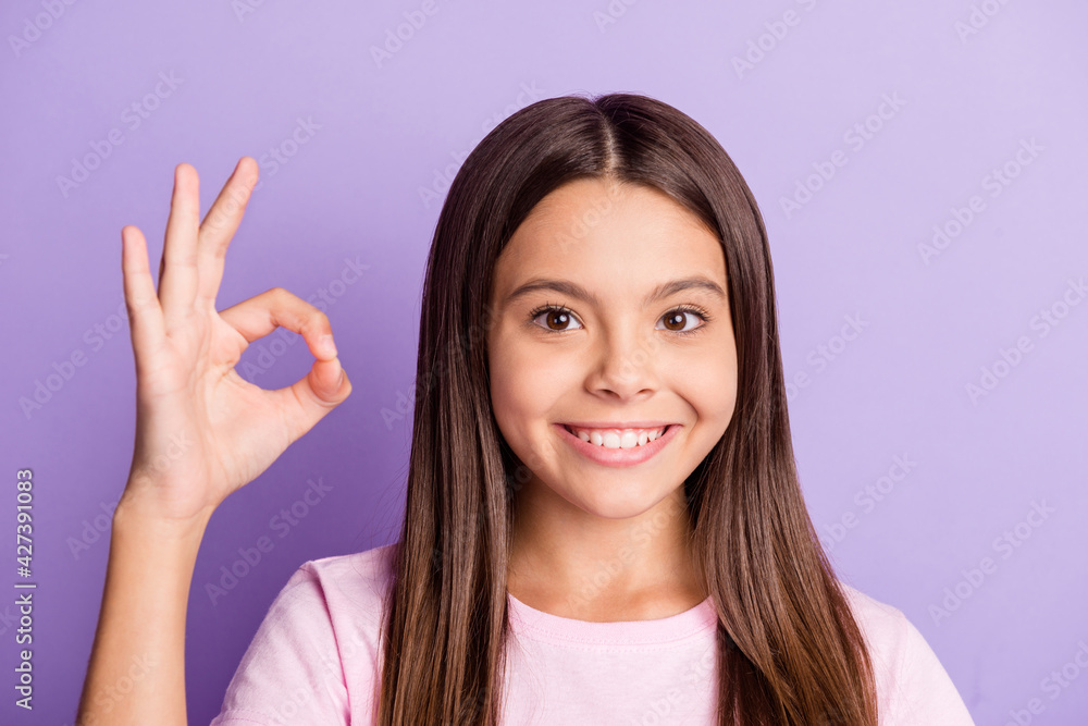 Photo of young girl happy positive smile show okey sign perfect cool ad promo advise choice isolated over purple color background Photo of young girl happy positive smile show okey sign perfect cool ad promo advise choice isolated over purple color background