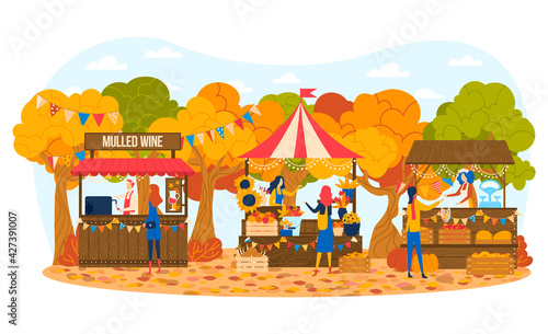 Autumn market, fair background, colorful harvest pumpkin, exhibition banner, food sale sign, flat style vector illustration.