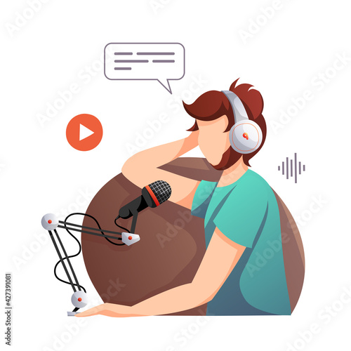 Man with microphone and headphones recording podcast. Streaming, Online show, blogging, podcasting, radio broadcasting concept. Isolated vector illustration for website, poster, banner, advertising.