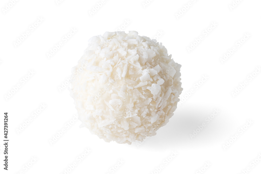 round candy with coconut flakes isolated on white background round candy with coconut flakes isolated on white background