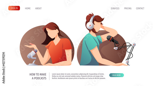 People with microphones and headphones. Streaming, Online show, interview, blogging, podcasting, radio broadcasting concept. Vector illustration for website, poster, banner, advertising. 