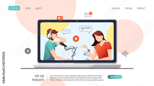 Laptop with people with microphones and headphones. Streaming, Online show, interview, blogging, podcasting, radio broadcasting concept. Vector illustration for website, poster, banner, advertising. 