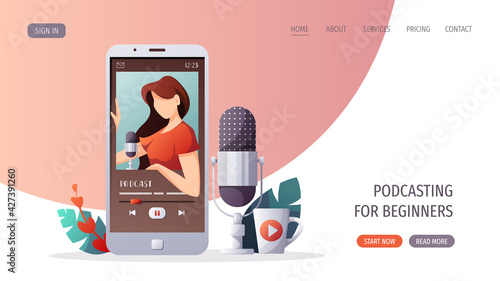 Smartphone with woman recording podcast and microphone. Streaming, blogging, podcasting, radio broadcasting, podcast app concept. Vector illustration for website, poster, banner, advertising.