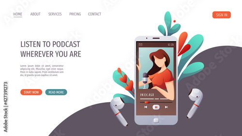 Smartphone with woman recording podcast and headphones. Streaming, blogging, podcasting, radio broadcasting, podcast app concept. Vector illustration for website, poster, banner, advertising.