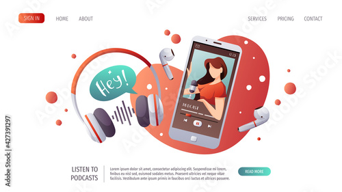 Smartphone with woman recording podcast and headphones. Streaming, blogging, podcasting, radio broadcasting, podcast app concept. Vector illustration for website, poster, banner, advertising.