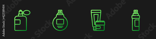 Set line Cream or lotion cosmetic tube, Perfume, and . Gradient color icons. Vector
