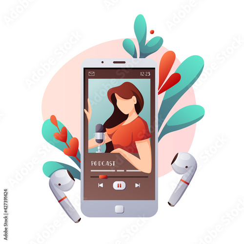 Smartphone with woman recording podcast and headphones. Streaming, blogging, podcasting, radio broadcasting, podcast app concept. Isolated vector illustration for poster, banner, advertising.