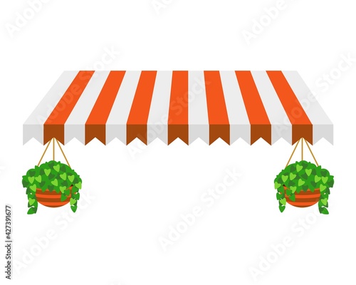 Striped orange awning isolated on white background with plants in pots.. Canopy for restaurant, cafe, hotel or store.