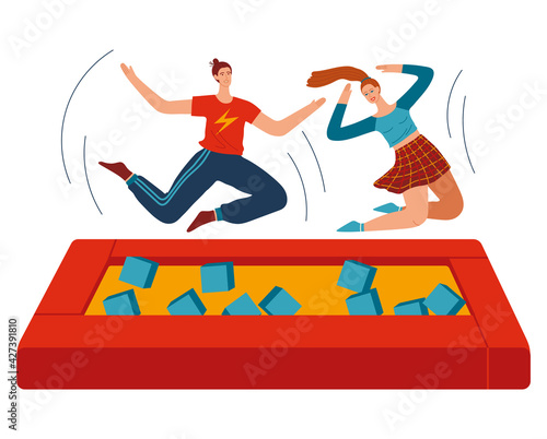 People jumping trampolines set of isolated vector illustration. Trampolining people and rebounders. Entertainment park.