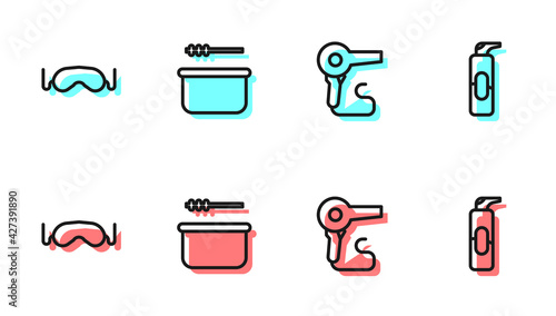 Set line Hair dryer, Eye sleep mask, Sauna bucket and ladle and Spray can for hairspray icon. Vector