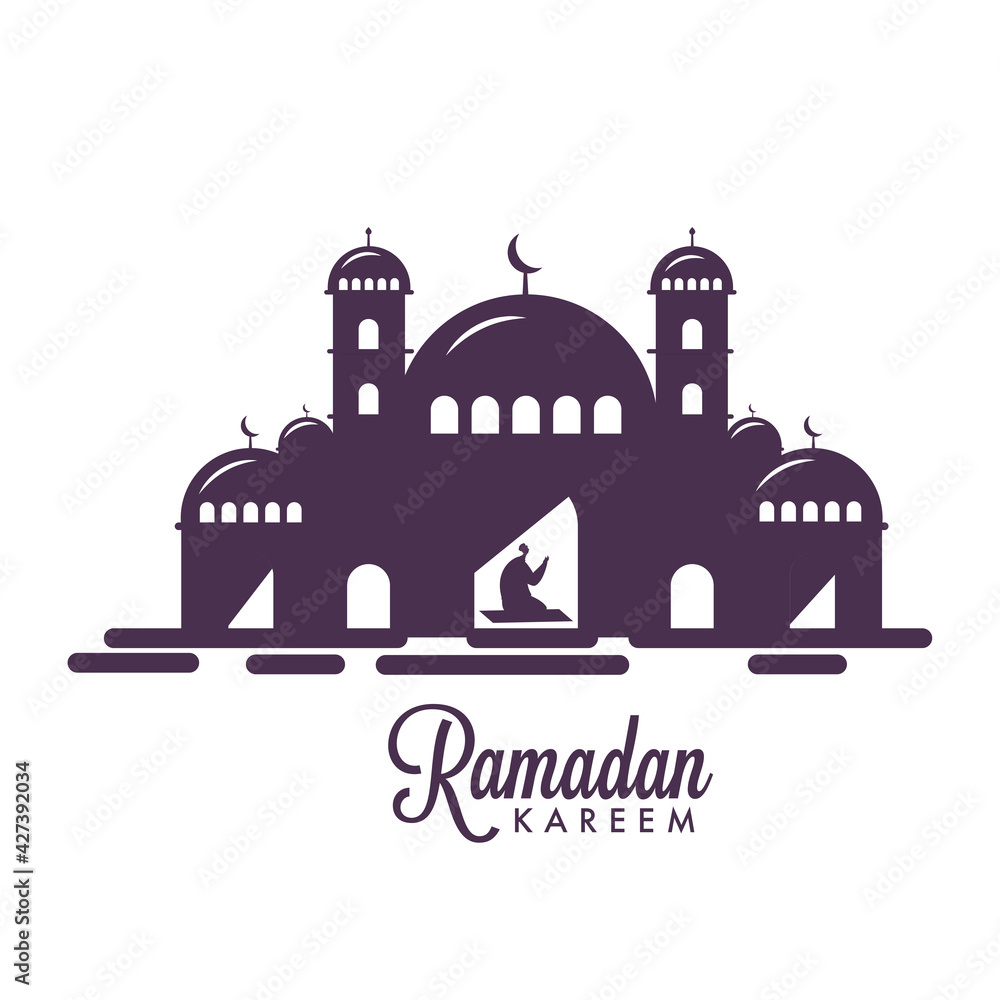 Purple Silhouette Mosque With Muslim Man Praying On White Background For Ramadan Kareem Celebration.