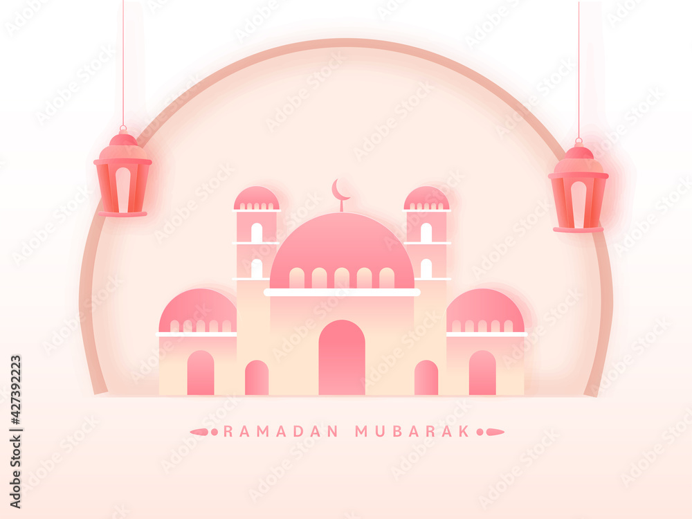 Ramadan Mubarak Concept With Gradient Pink Mosque Illustration And Hanging Lanterns On Glossy Background.